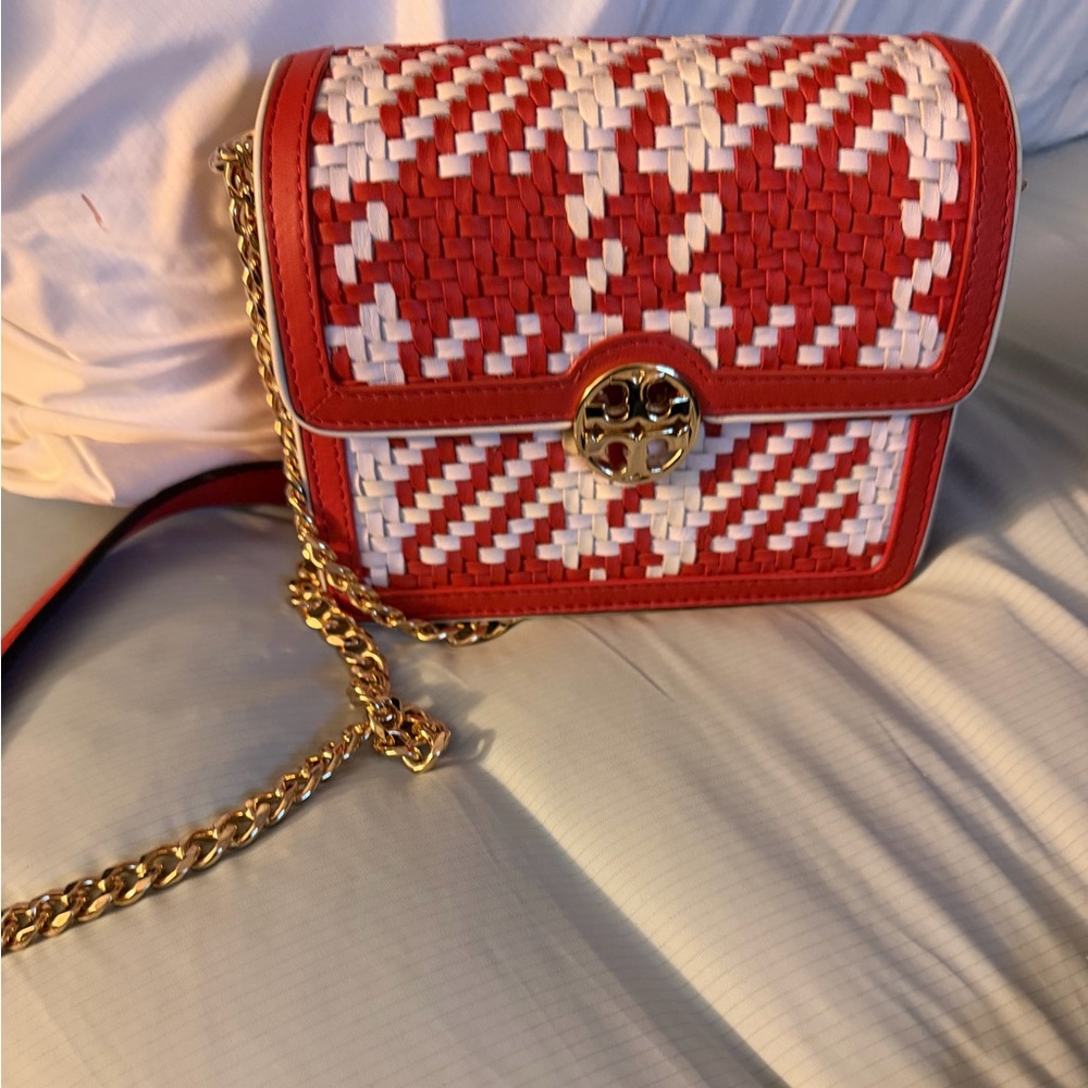 Tory Burch Red Leather Woven Handbag